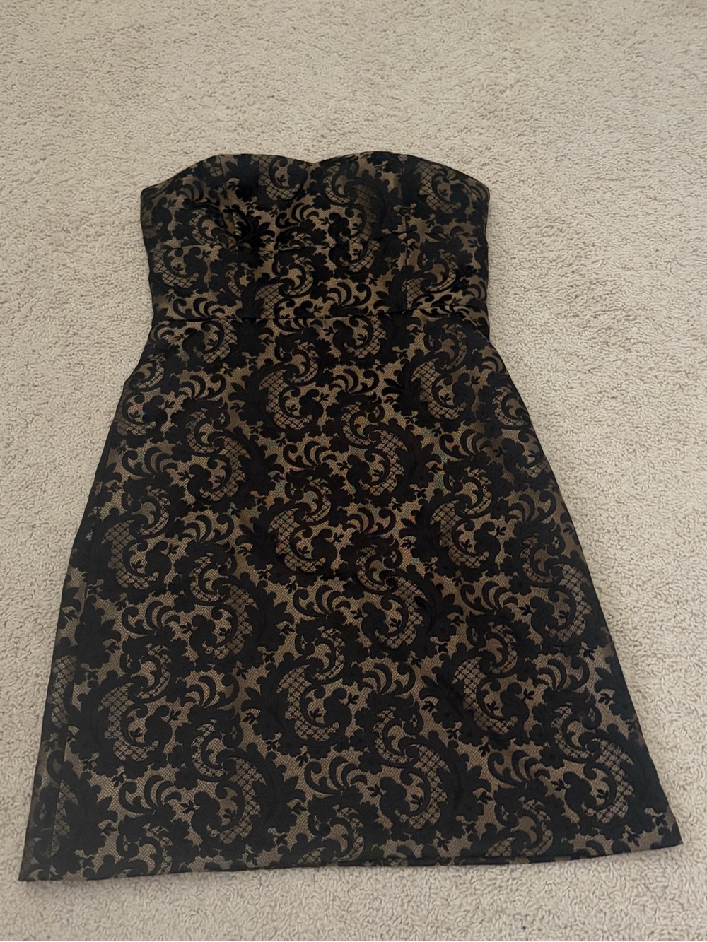 LOFT Strapless Black Lace-Overlay on Tan Sheath Dress